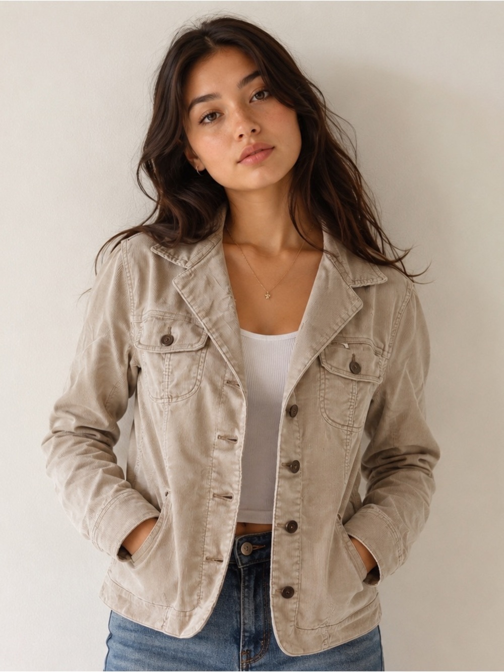 Levi Strauss Beige Corduroy Jacket Size L Button Front Utility Style